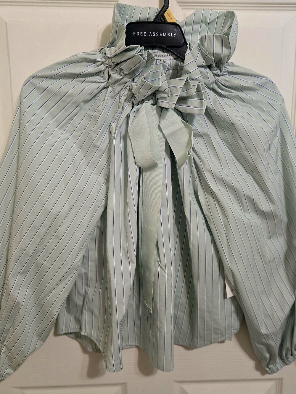 Free Assembly Women's Sage Green Striped Tie-Neck Blouse